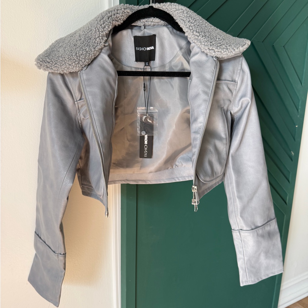 Fashion Nova Silver-Gray Faux Leather Cropped Jacket With Sherpa Collar
